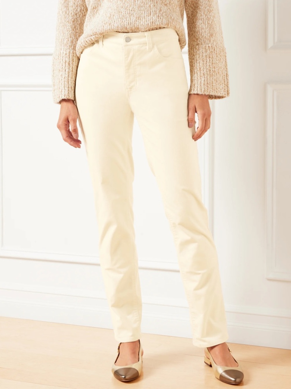 Talbots Velveteen Straight Leg Petite Curvy Pants Ivory Luxe Chic High Waist